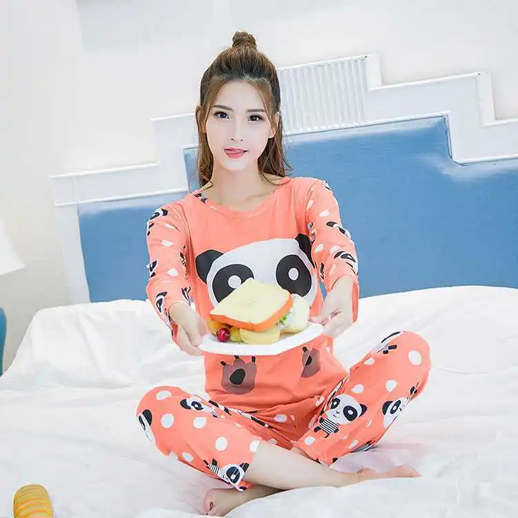 

Cartoon Cute Big Head Bear Long Sleeve Pajamas Women's Spring And Autumn Summer Thin Section Qmilch Home Wear Women's Two-Piece
