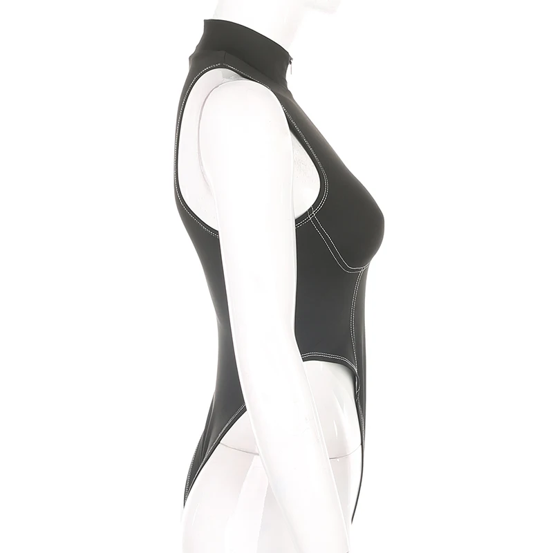 Rapwriter Streetwear Stripe Line Turtleneck Zipper Sexy High Waist Bodysuit Women 2020 Off Shoulder Basic Open Crotch Body Tops