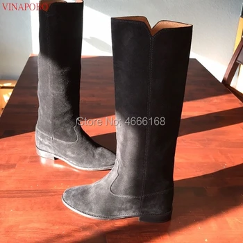 

European Designer Winter wedge Women's Boots Distressed Leather Straight Long Boots Height Increasing heel Flat Knee High Boots