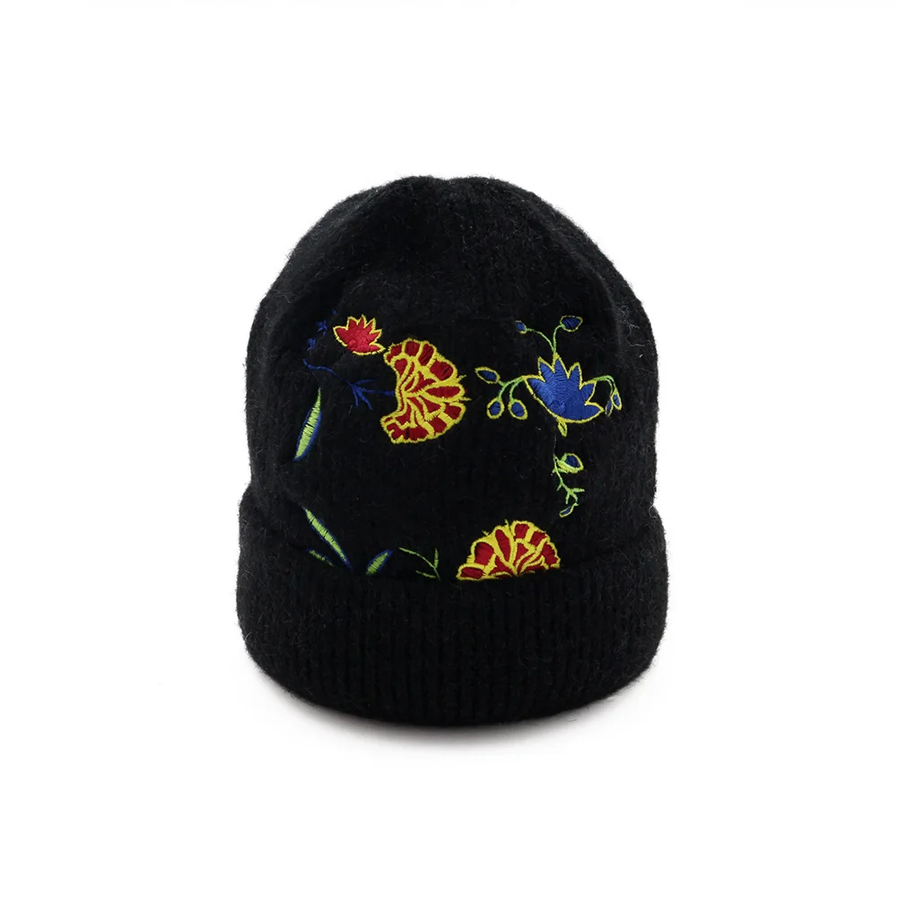 BUTTERMERE, шерстяная зимняя шапка, женская, Цветочная вышивка, розовая, Skullies Beanies, для девушек, высокая мода, теплая, для женщин, вязаные шапки - Цвет: black