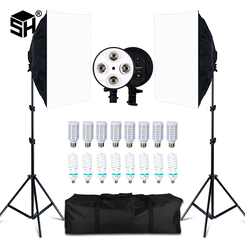 SH-Kit de luz Softbox para fotografía, cuatro soportes de lámpara, sistema de luz continua con bombilla E27, accesorios para estudio fotográfico
