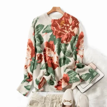 

Women Sweater Spring New Retro Peony Color Printing Mohair Print Sweater