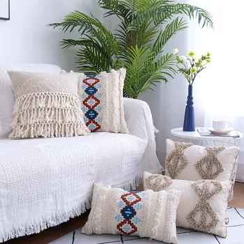 

Geometry Morocco Lumbar Pillow Cover Beige Bohemia Cushion Home Dropship Cover Pattern Decoration Tassels Tufted Boho