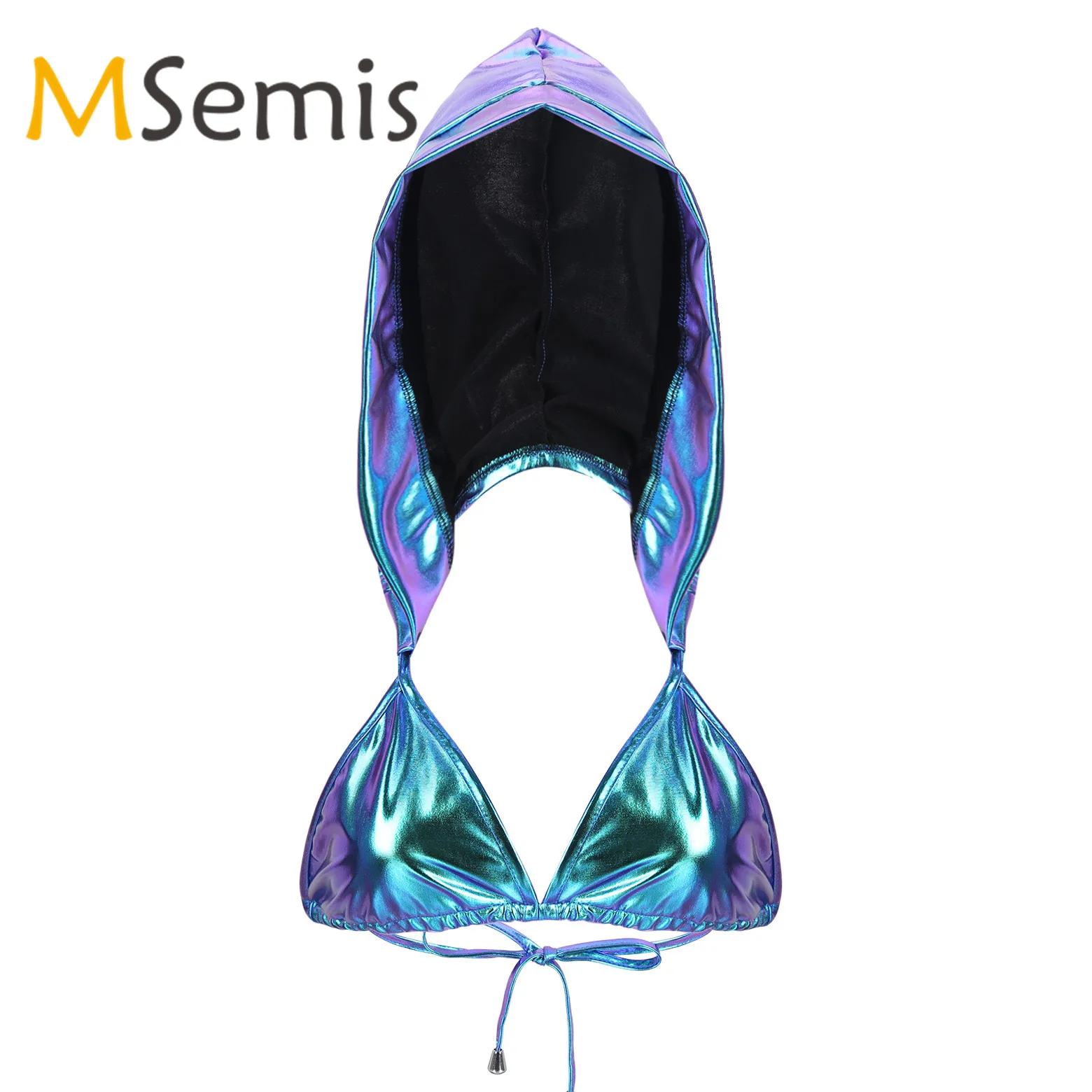 

Women's Swimsuit Bikini Top Shiny Metallic Swimwear Backless Hooded Bustier Bra Bikini Tops Tank Crop Tops for Rave Pole Dance