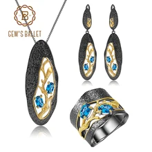 GEM'S балет натуральный Лондон Голубой топаз выдолбленный ветка комплект ювелирных изделий 925 пробы серебро для женщин хорошее ювелирное изделие