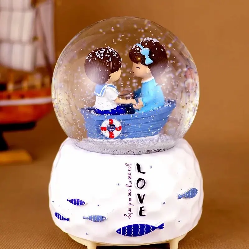 Crystal Ball Music Box Pink Girl Lovers Star Moon Rainbow Unicorn Glowing Snowflakes Music Box Home Decoration Desktop Ornament 4