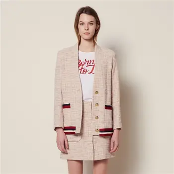 

Women Coat 2019 Spring and Summer Metal Buckle Pocket Colorblock Cardigan Short Coat