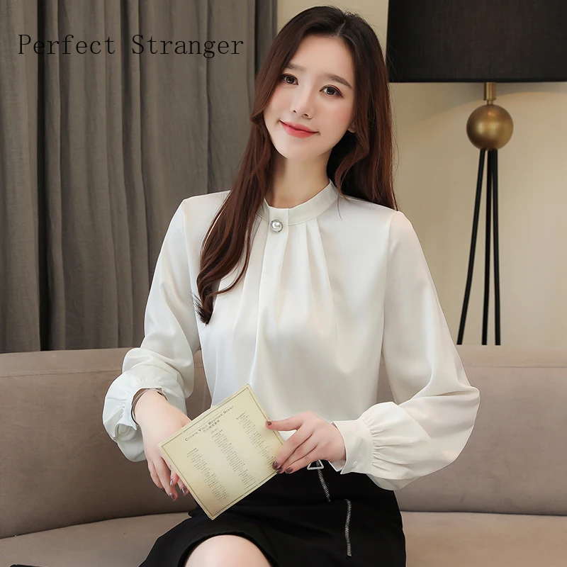 Autumn New Arrival Fashion Stand Collar Solid Color Long Sleeve Woman Chiffon Blouse Plus Size S-3XL