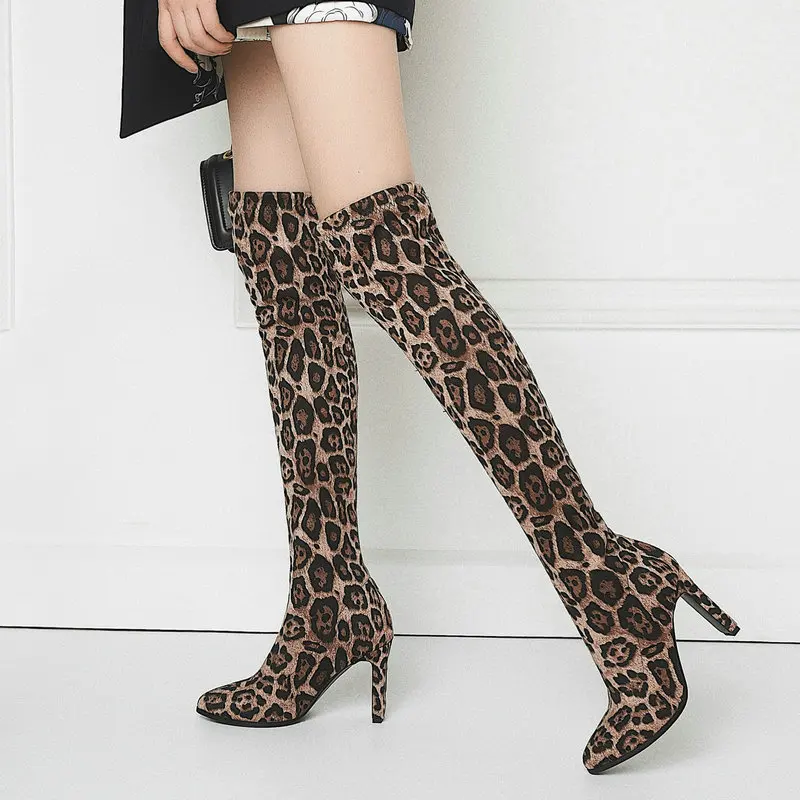 

Sexy Leopard Print Over the Knee Boots for Women 2019 Faux suede Stretch Boots Comfort Block Heel Long Boots Wedding Party Boots