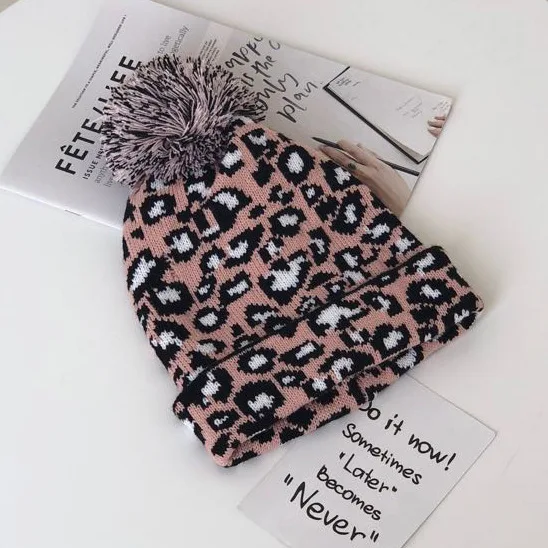 Vantage вязаная шапка теплая леопардовая печать Pom Beanies шапка женские зимние шапки для женщин - Цвет: pink