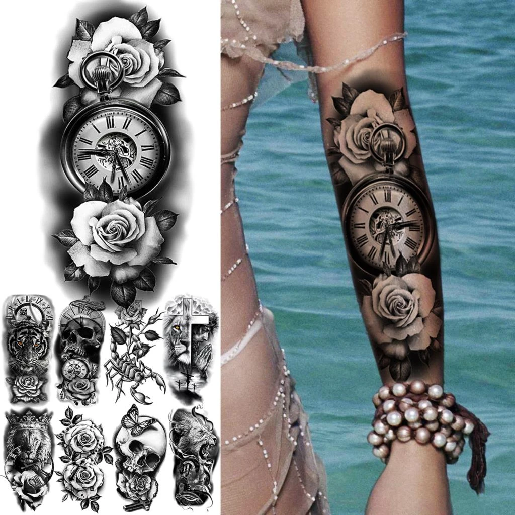 Tatuajes Temporales realistas brújula y flor de Rosa para mujer, calcomanías lavables con diseño de Tigre, León, escorpión, tatuajes de tatuaje|Tatuajes - AliExpress