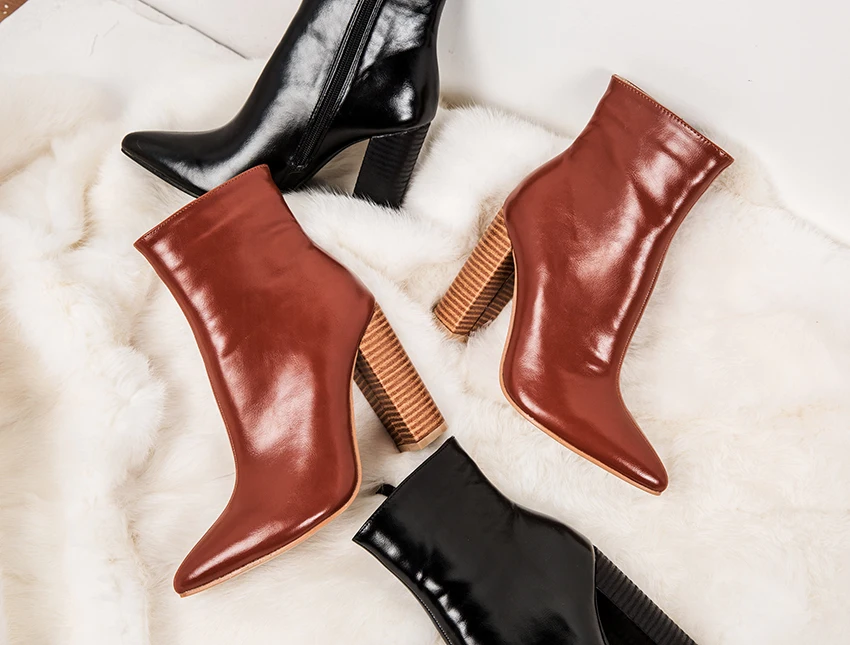 Aneikeh/модные ботинки в стиле ретро пикантные женские зимние ботинки для верховой езды на высоком каблуке ботильоны в стиле «наездник»; туфли-лодочки с острым носком коричневый цвет; размер 42