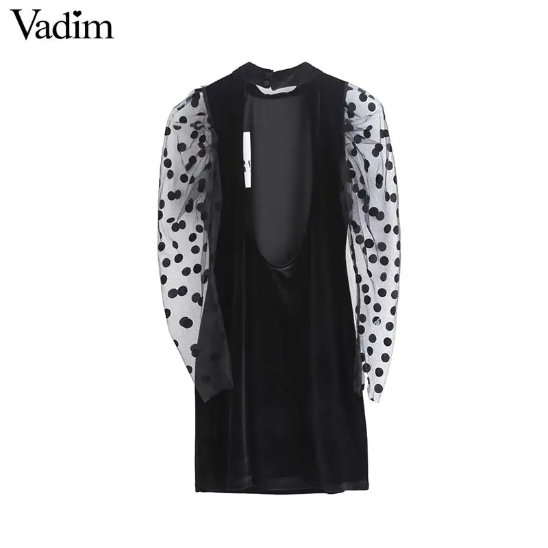 Vadim, женское сексуальное бархатное мини-платье с открытой спиной, прозрачные, в горошек, с рукавом, облегающие, вечерние, для клуба, стильные платья, vestidos mujer QD042