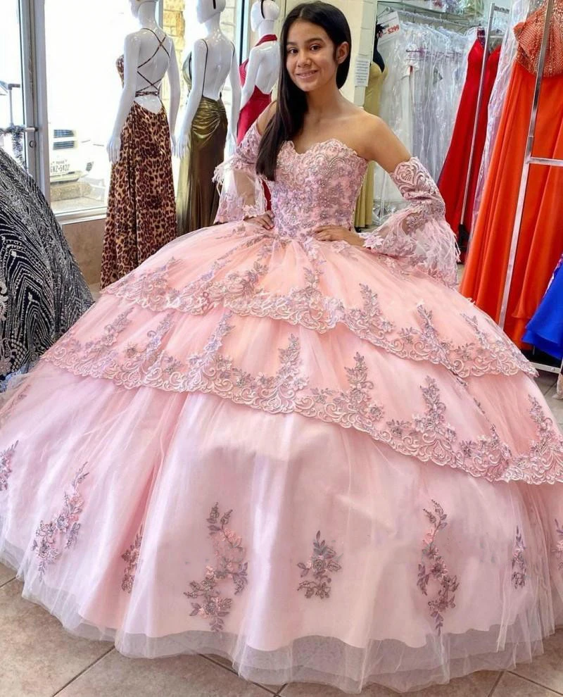 Hermoso vestido de quinceañera rosa, vestido de baile con apliques de encaje, de fiesta de cumpleaños con pluma, desfile Vintage hinchado|Vestidos de quinceañera| - AliExpress