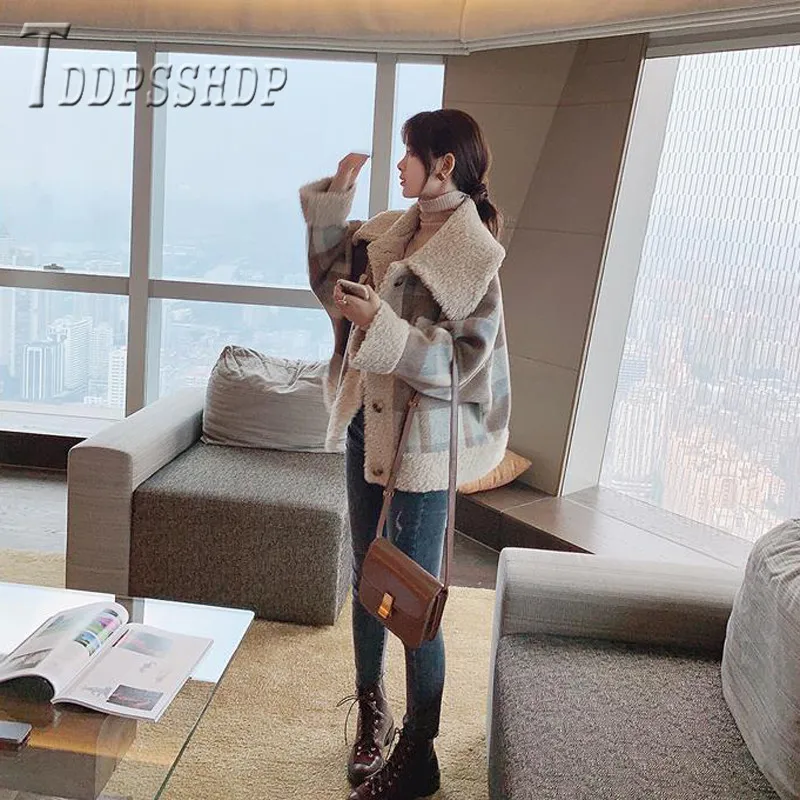 low cost  2019 Autumn Winter Korean Retro Grid Women Coat Fluff Collar Single Breasted Female Jacket