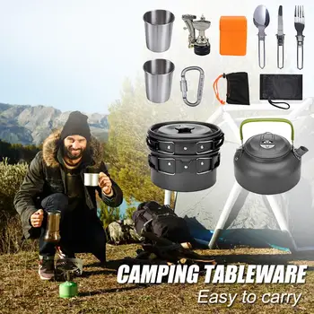 Camping Cookware Kit Outdoor Aluminum Cooking Set Water Kettle Pan Pot Travel Cutlery Utensils BBQ Tableware Hiking Picnic Tools 2