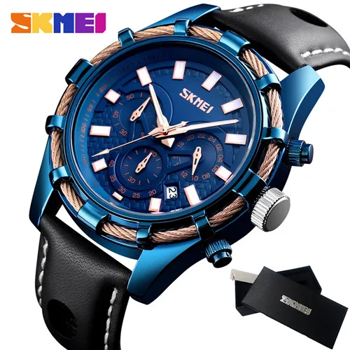 Blue watch SKMEI лучший бренд Роскошные мужские часы спортивные секундомер Кварцевые водонепроницаемые наручные часы модные кожаные часы с ремешком Relogio Masculino - Цвет: Blue watch