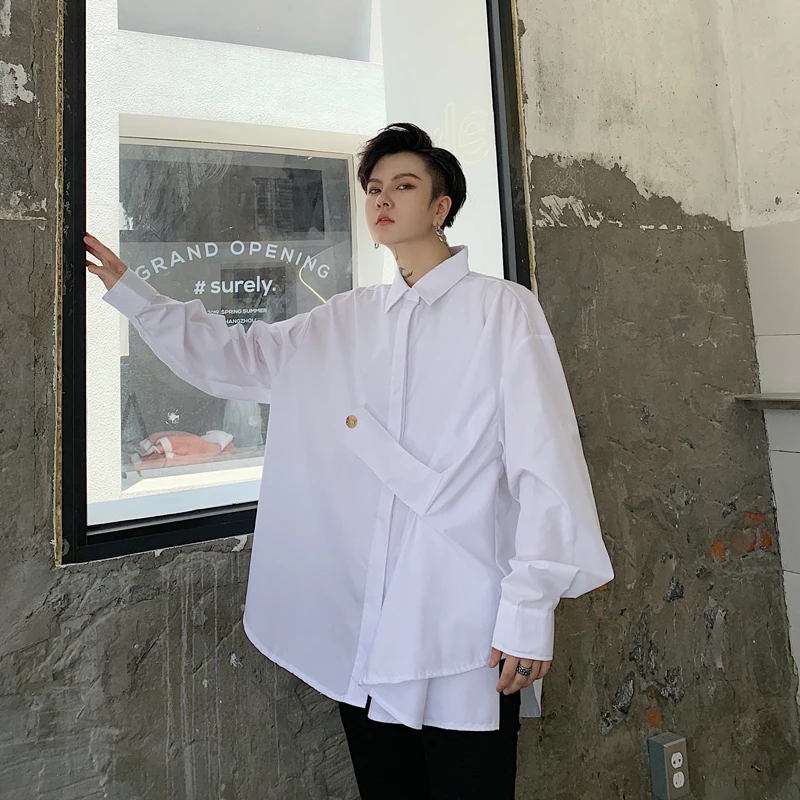 S~ 6XL! На заказ размер плюс мужской трендовый средней длины сплошной цвет личности корейский Свободный парикмахер прилива мужской рубашки