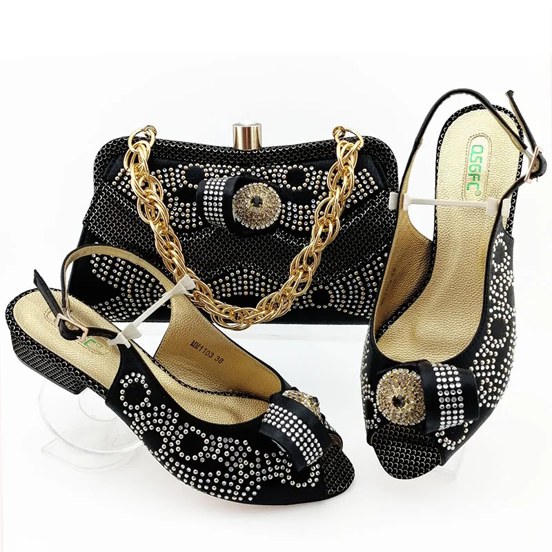 

Low heel 1.5 inches sandal shoes and bag matching set for african and nigeria big party black shoes bag set SB8449-1