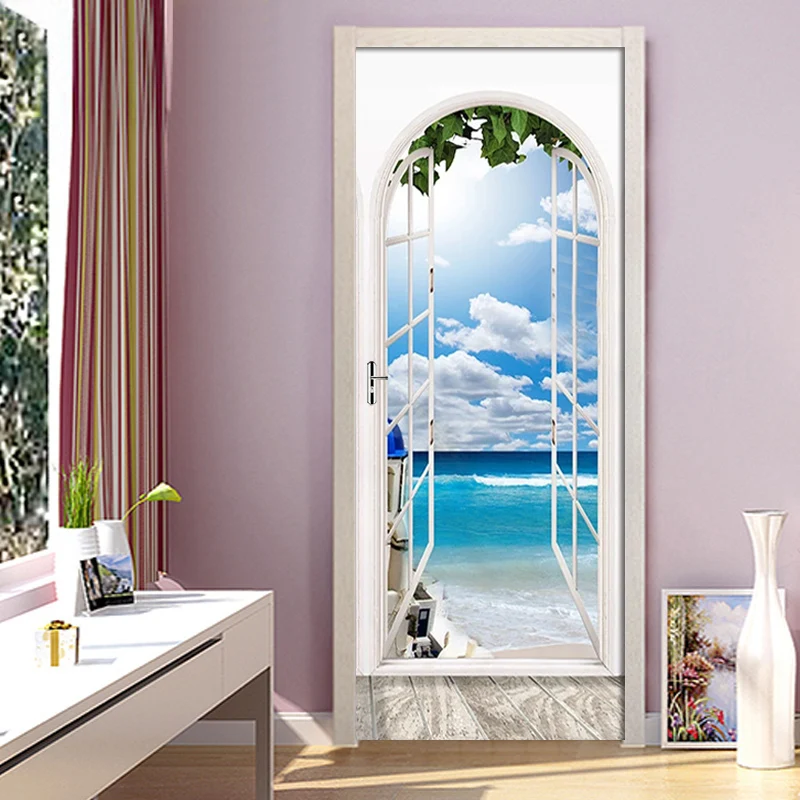 Вид на море из окна обои наклейки на стену ПВХ самоклеющиеся Съемные 3D двери наклейки на стену двери спальни декор плакат