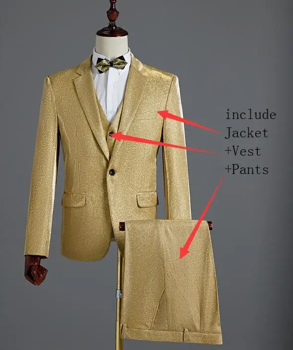 Gold Jacket+Vest+Pants) 3-Pieces Formal Men's Suits Gold Bright Silk Blazers Male Singer Prom Stage Show Suit Groom Wedding Dress - Цвет: Gold