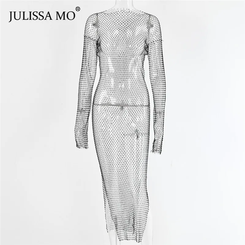 Черный Julissa mo бриллиантовое ажурное длинное летнее платье, сексуальное Сетчатое платье с разрезом, Женское кристально прозрачное пляжное платье, платья для вечеринок - Цвет: Черный