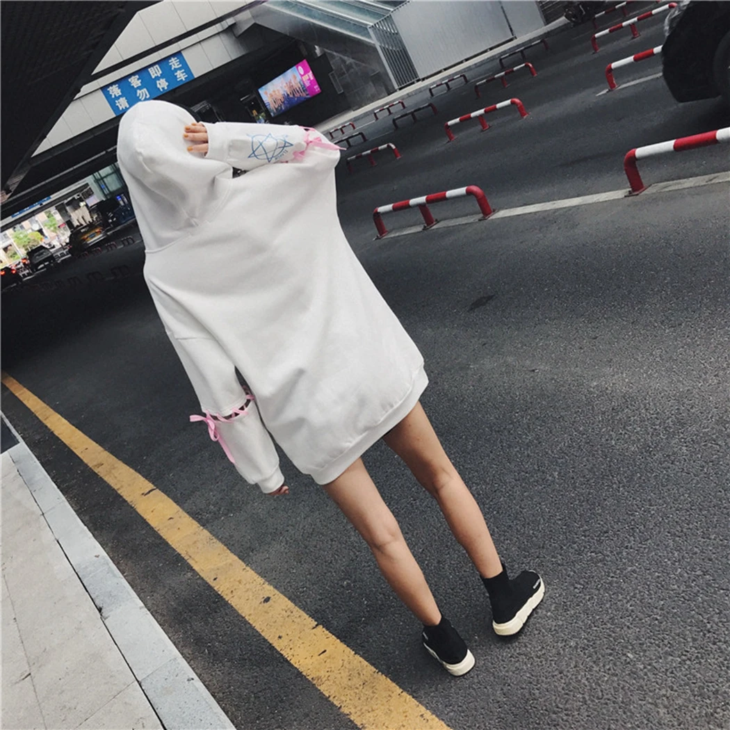 Harajuku женские милые длинные толстовки с принтом кролика милый женский свободный пуловер с капюшоном Толстовка белый кружевной пуловер с длинными рукавами Топы