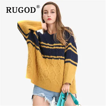 

RUGOD Color Block Sweater Loose Pullover Twist Pattern Jumpers Winter Tops For Women Knitwear Korean Style Womens Sweaters 2019