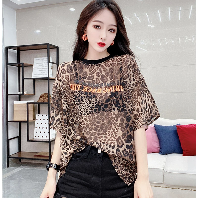 Camiseta de malla con estampado de leopardo mujer, Top de corta dividido camisetas 2020 - AliExpress Ropa de mujer