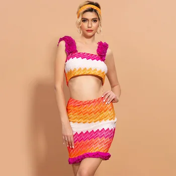 

Hot Sale Backless Spaghetti Strap Holiday Beach Sexy Women Dress Hit Color Wave Pattern Celebrity Body Con Dresses wholesale