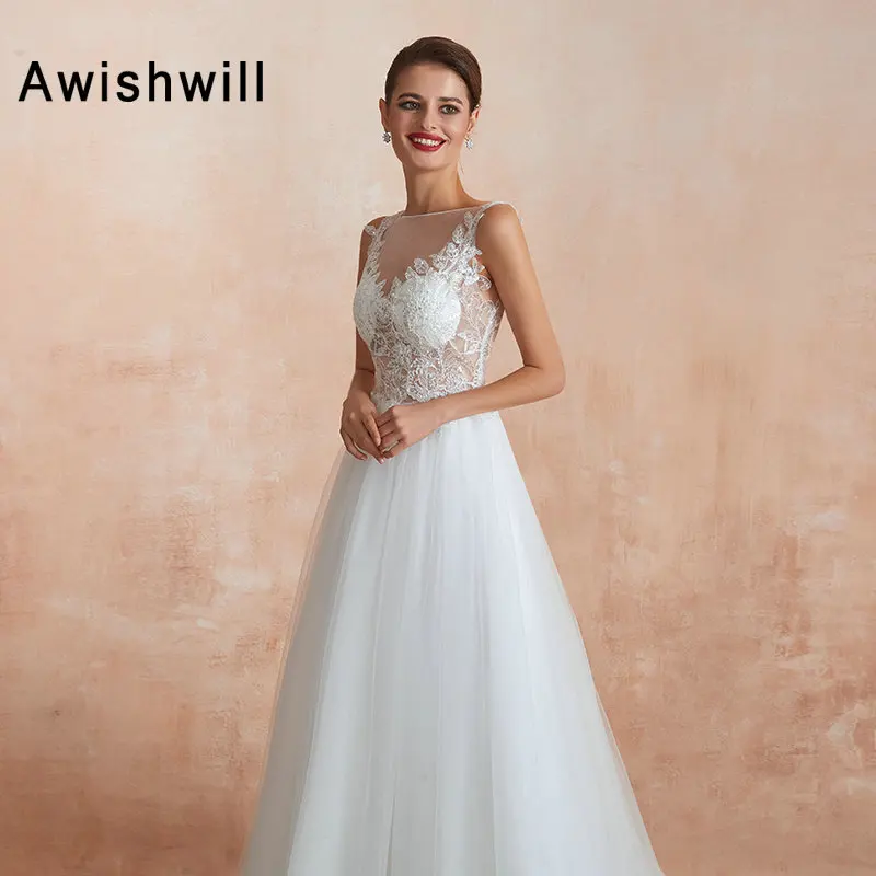 Белые свадебные платья цвета слоновой кости Vestido de Noiva аппликации с блестками трапециевидной формы без рукавов Тюль прозрачная невеста, свадебное платье