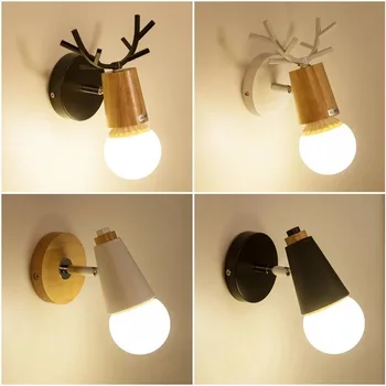 

Nordic LED Wall Lights Modern Deer Antlers E27 Iron Animal Wall Lamp Solid Wood Black White Wall Light Bedroom Reading Sconce