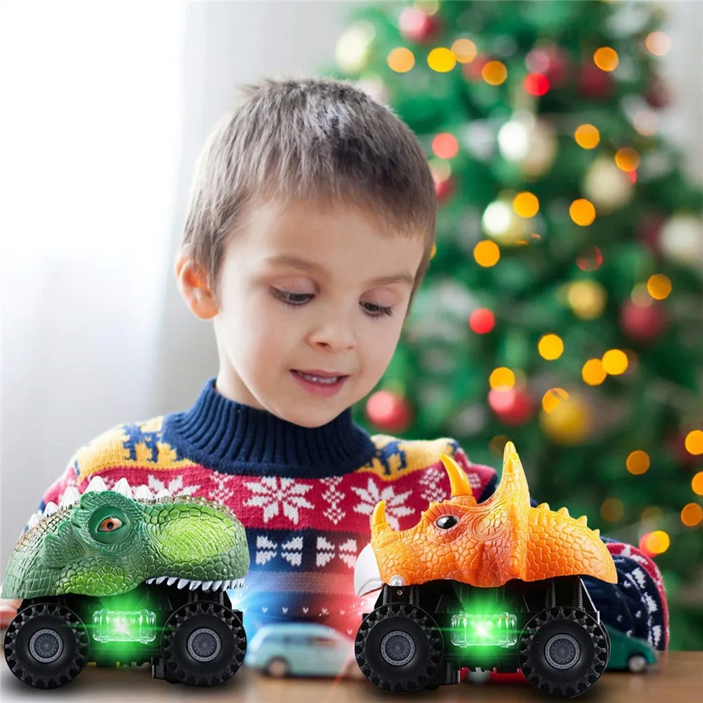 Модная заводная игрушка, 2 упаковки, набор транспортных средств динозавров, вытяжной автомобиль с светодиодный светильник, звуковые игрушки динозавров, украшения, подарочные фигурки, игрушки