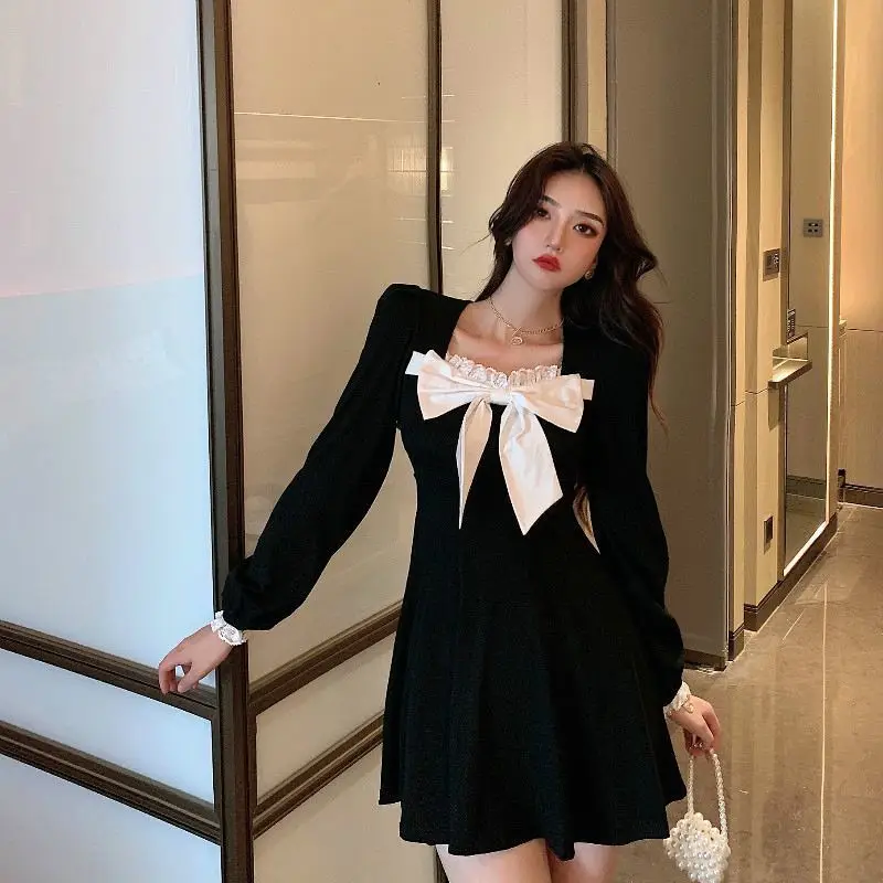 Hikigawa 2022 Woman Dress Chic Preppy Style Sweet Bow Lace Patchwork Vestidos De Mujer Square Collar Puff Sleeve Mini Dresses