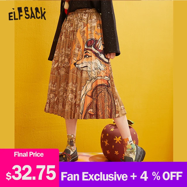 US $34.90 ELFSACK Fox Printed High Waist Pleated Skirts Women 2019 Winter New Fashion A Line Skinny Office La