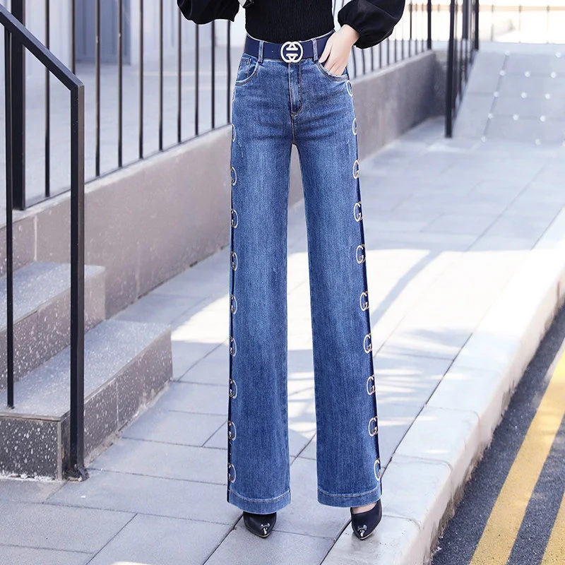 Diamond Studded Wide Leg Women's 2021  Spring And Autumn New High Waist Drop Feeling Versatile Micro Pull SLIM STRAIGHT Jeans 2021 women s autumn new jeans vintage high waist pants spring fashion wide leg micro stretch lace solid color flared pants jeans