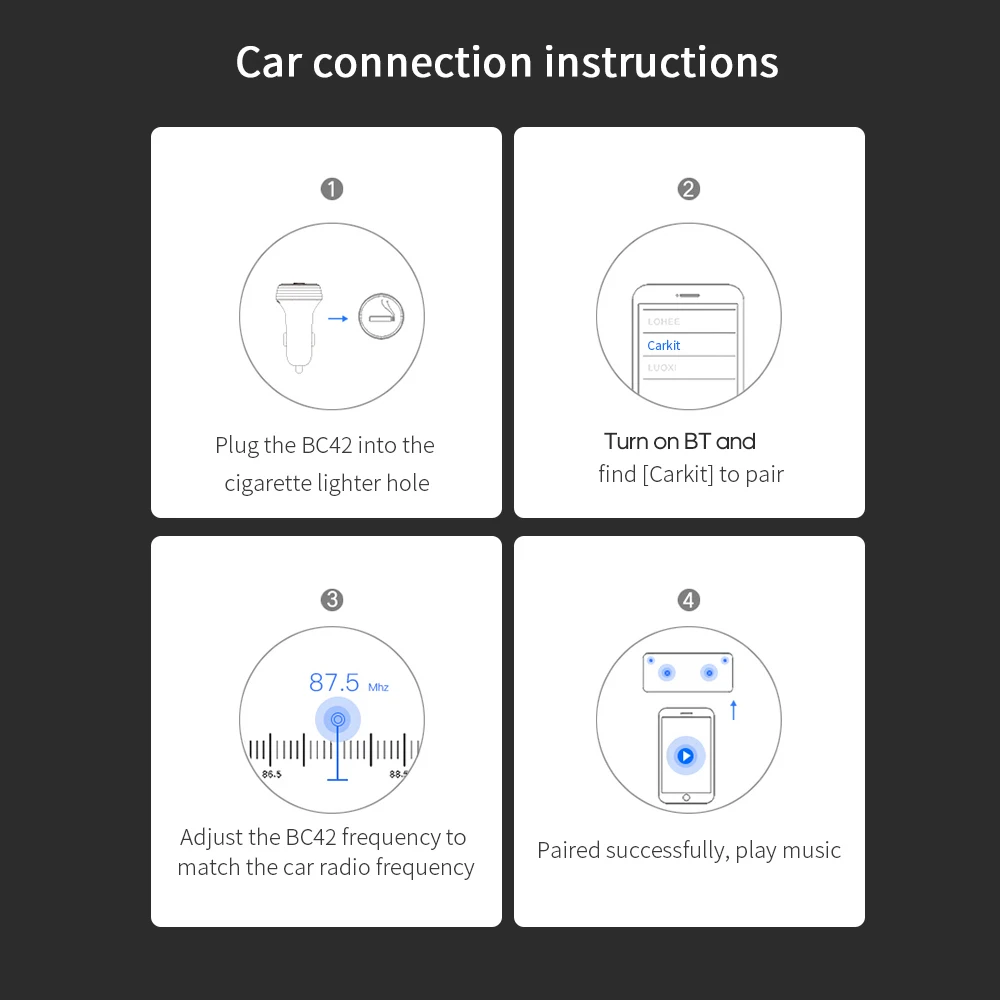 Multi-function BT4.2 FM Transmitter Dual USB Chargers Support Hands-free TF Card U Disk Music Play BC42 Car MP3 Player