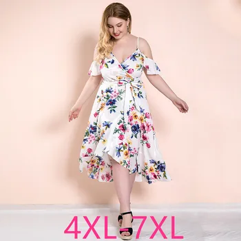 

Female new summer plus size long slip dress for women large strapless loose flower V neck low-cut dresses white 4XL 5XL 6XL 7XL