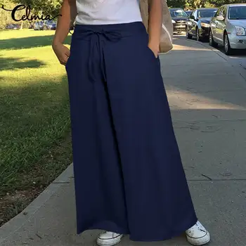 

2020 Fashion Long Trousers Women's Wide Leg Pants Casual Loose High Waist Pantalones Femme Solid Pockets Cotton Linen Palazzo