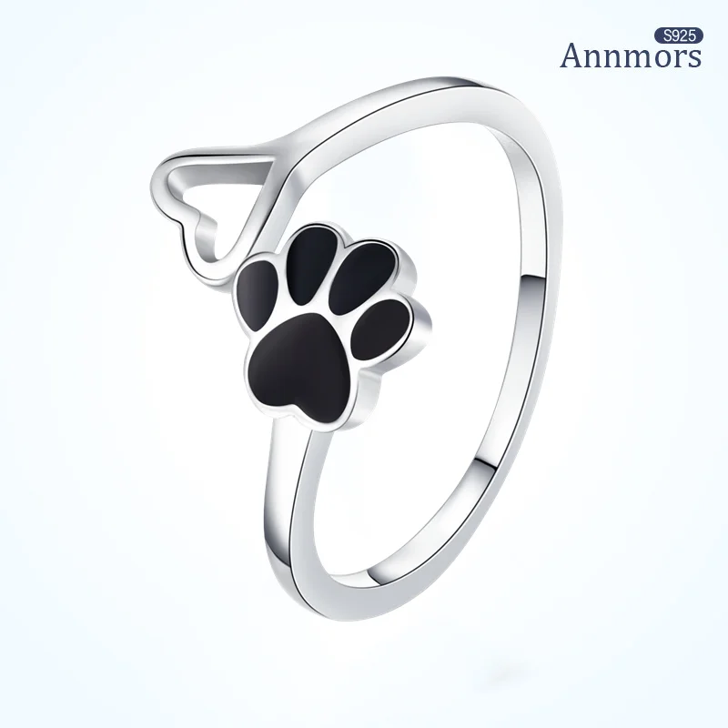 Sterling Silver 925 Finger Rings Dog Paw For Women Antiallergy Heart Black Enamel Adjustable