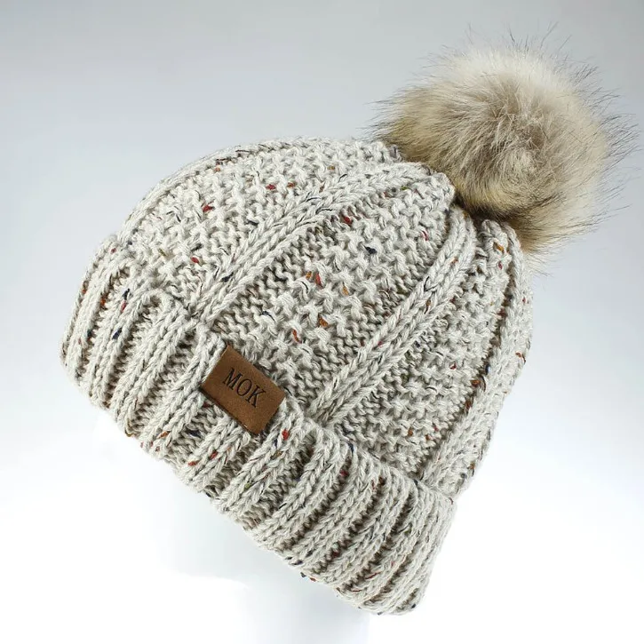 Beige -Multi yarn Новинка, модные шапки Skullies Beanies, зимние шапки для женщин, толстая вязаная теплая шапка, женская меховая шапка с помпонами, шапка для девочек - Цвет: Beige -Multi yarn