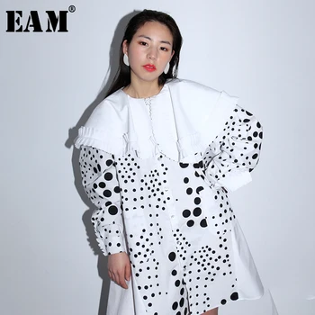 

[EAM] 2020 New Spring Autumn Lapel Long Sleevewhite Dot Printed Ruffles Pleated Stitch Big Size Dress Women Fashion Tide JR256