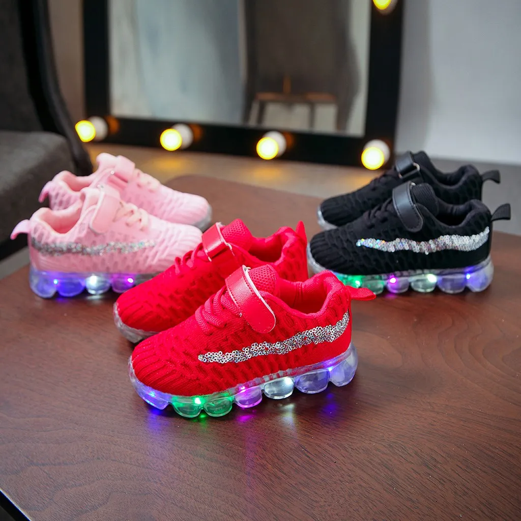 Children Kid Baby Girls Boys Bling Led Luminous Sport Run Sneakers Casual Shoes soft sole mesh Hook&Loop baby shoes lovely