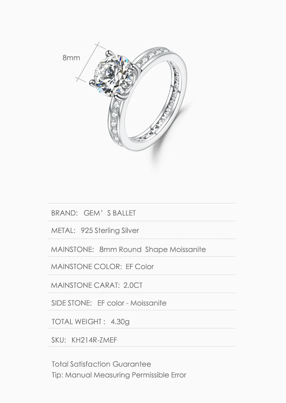 GEM'S балет 925 пробы серебро 2.00Ct 8 мм EF цвет Муассанит Свадебные обручальные кольца для женщин ювелирные изделия Bijoux