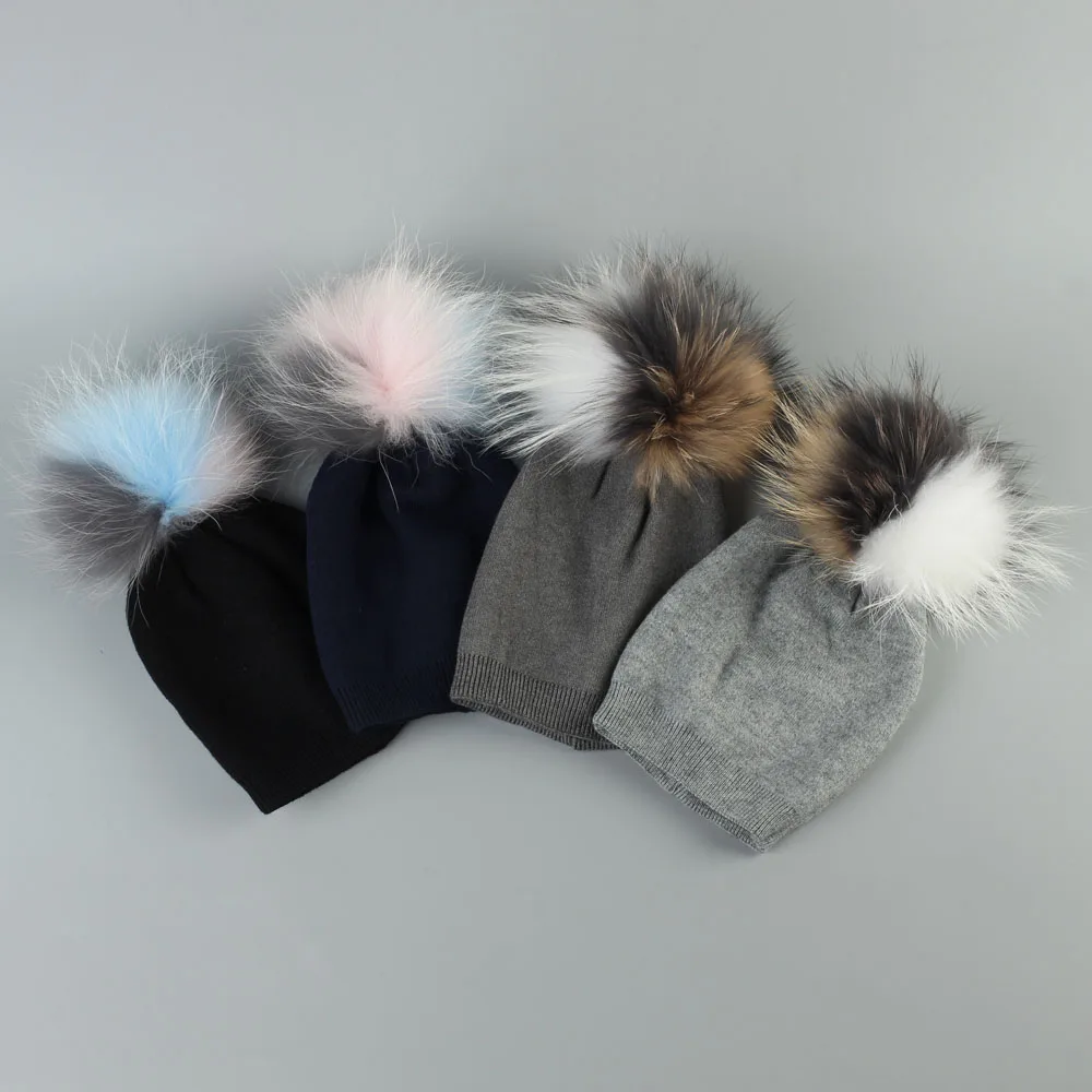 Осенне-зимняя шерстяная шапка Skullies Beanies с енотовым настоящим помпоном для новорожденных, мешковатая шапка для маленьких девочек и мальчиков, шапочка