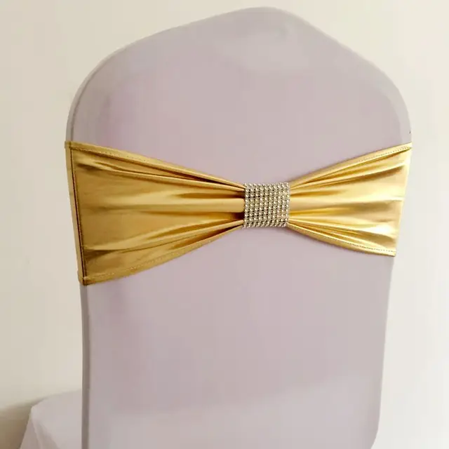 50pcs Gold Silver Elastic Stretch Chair Sash Bow Metallic Spandex Lycra Chair Band Tie With Diamond Buckle For Event Wedding