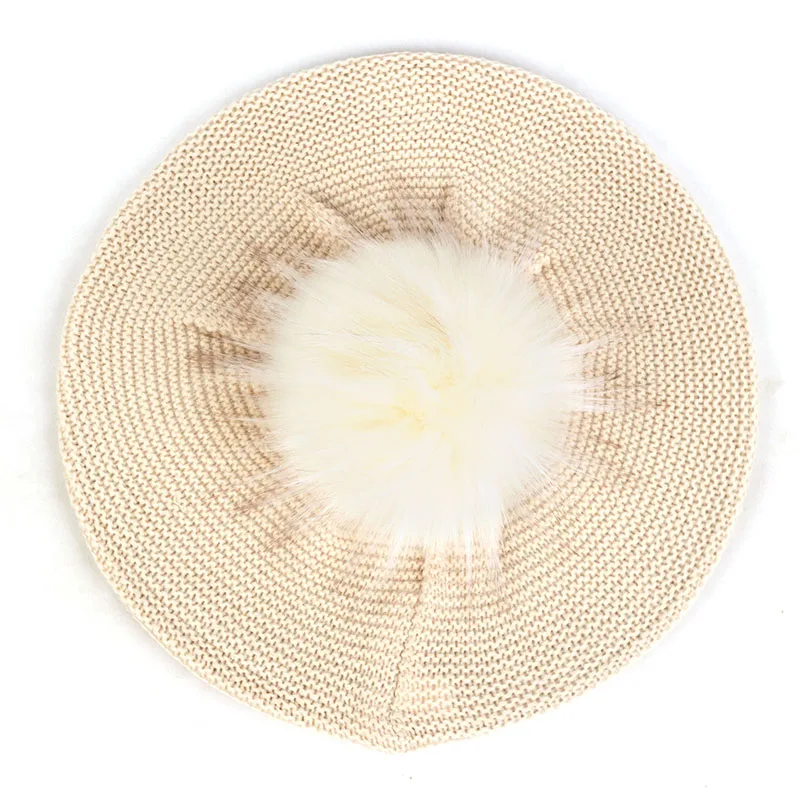 Geebro модный мешковатый вязаный берет для женщин, акриловые шапки, искусственный мех, помпон, шапочка в стиле кэжуал, шапки для женщин, однотонный берет для художника BL006 - Цвет: Beige7