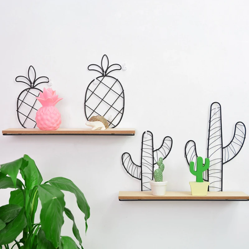 

Nordic Ins Creative Simple Wall Wood Iron Decorative Frame Shelf Cactus Pineapple Wall Hanging Rack Wall Display Storage Holder