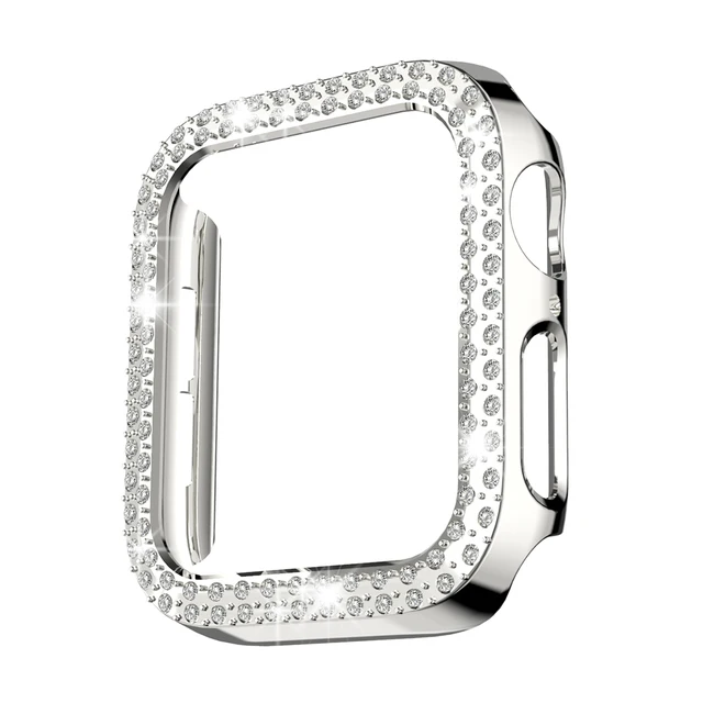 Diamond Cover for Apple Watch Case Series 7 6 SE 5 4 3 2 1 45mm 41mm for Iwatch 40mm 44mm 38MM 42MM Bumpe Protective Bling Cases Silver