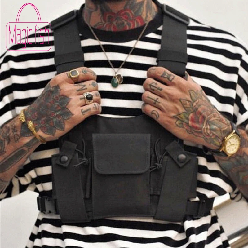 

Magic Fish Black Tactical Bag Men Oxford Chest Rig Bag Hip Hop Streetwear Functional Boy Chest Rig West Pack Tactical Waist Pack